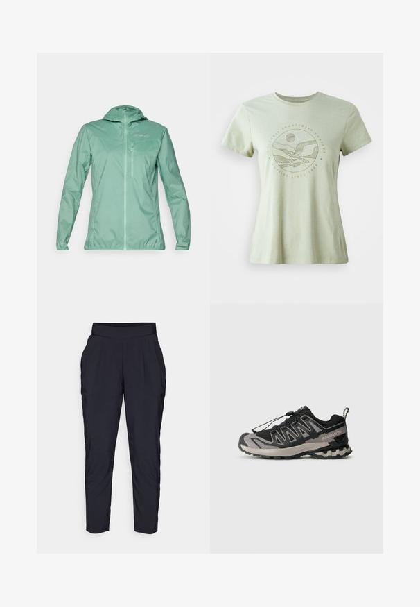 Lett, mintgrønn jakke med hette, full glidelås foran og glidelåslomme på brystet. Glatt tekstur med en semi-matt finish.; Lys grønn t-skjorte med korte ermer og et sirkulært grafisk motiv i beige, som viser fjell, en elv og solen. Myk stoff med rund hals.; Sorte tapered bukser med en bred, elastisk talje, frontplisseringer og sidelommer. Fremstillet af et glat, let væv. ; Svart og grå atletisk sko med mesh-overdel, gummisåle og elastisk snøresystem. Har forsterket tå og teksturerte detaljer.