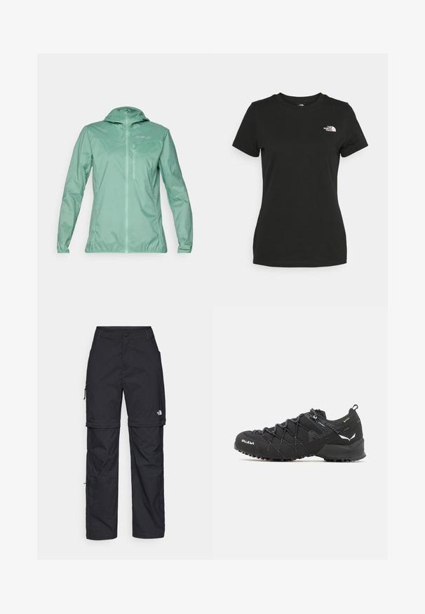 Lightweight, mint green jacket with a hood, full zip front, and zippered chest pocket. Smooth texture with a semi-matte finish.; Black cotton t-shirt featuring a crew neckline and short sleeves. Notable white logo on the upper left side. Smooth texture, casual fit.; Black nylon zip-off cargo trousers with adjustable cuffs, multiple pockets, and a logo on the right leg. Smooth, lightweight texture.; Black hiking shoes with a textured fabric upper, lacing system, and rugged rubber sole. Accented with reflective details and logos.