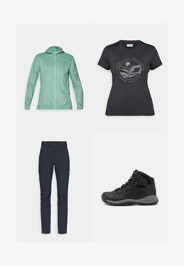 Lett, mintgrønn jakke med hette, full glidelås foran og glidelåslomme på brystet. Glatt tekstur med en semi-matt finish.; Svart Columbia t-skjorte med hvit sirkulær fjell- og elvlinjekunst og tekst "Columbia Sportswear Company Outside Since 1938."; Herre utendørsbukser, mørkegrå, laget av fleksibelt materiale, med belte, glidelåslommer og forsterkede sømmer.; Sorte turstøvler med mid-topp design, som har en teksturert overdel, grå detaljer og slitesterk gummisåle med godt grep.