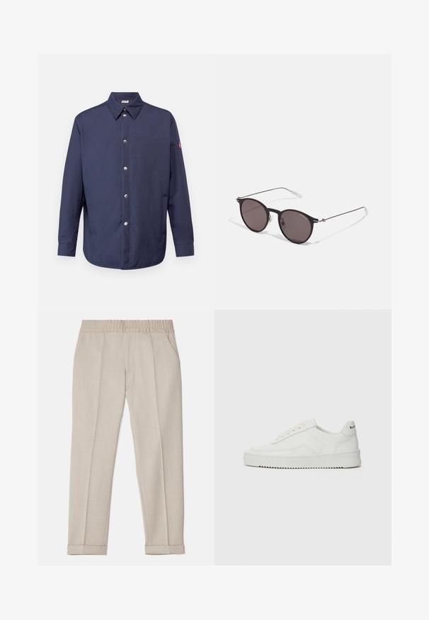 Marineblaues Hemd mit Knopfleiste, Kragen, langen Ärmeln, silbernen Knöpfen und einem Patch am linken Arm. Glatte Stoffqualität mit lockerer Passform.; Schwarzer Hoodie mit einem großen roten Band, das weiße Blockbuchstaben zeigt. Enthält eine Kapuze mit Kordelzug und gerippte Bündchen. Material aus Baumwollmischung.; Filippa K TERRY CROPPED TROUSERS - Stoffhose - sage melange; Weiße Ledersneaker mit glatter Oberfläche, runder Zehenpartie, flachen Schnürsenkeln und strukturiertem Sohlenprofil. Mit einem dezenten Logo an der Ferse.; Schwarze runde Sonnenbrille mit dunklen Gläsern und schlanken Metallbügeln. Enthält klare Tempelspitzen und silberne Akzente am Scharnier. Minimalistisches Design.