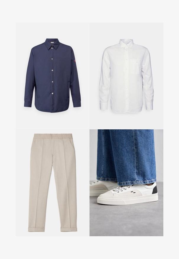 Navy button-up shirt with a collared neck, long sleeves, silver buttons, and a patch on the left arm. Smooth fabric with a relaxed fit.; Long-sleeve white shirt made of cotton, featuring a button-down collar, front pocket, and regular fit. Textured fabric with a smooth surface.; Filippa K TERRY CROPPED TROUSERS - Trousers - sage melange; White and black sneakers with a smooth leather upper, textured accents, and a chunky white sole. Features a classic lace-up design.