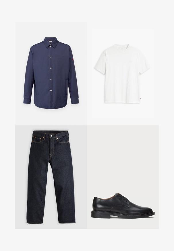 Marineblauw overhemd met knopen, met een kraag, lange mouwen, zilveren knopen en een patch op de linkerarm. Glad materiaal met een ontspannen pasvorm.; Wit katoenen T-shirt met korte mouwen, ronde hals en een subtiel "Levi's" logo in een lichte kleur op de voorkant gedrukt.; Donkerblauwe denim jeans met een rechte snit, vijf zakken, contrasterende oranje stiksels en een knoopsluiting. Geen zichtbare patronen of versieringen.; Zwart leren dresschoen met een ronde neus, vetersluiting en een lage gestapelde hak. Gladde textuur met minimale stiksels.