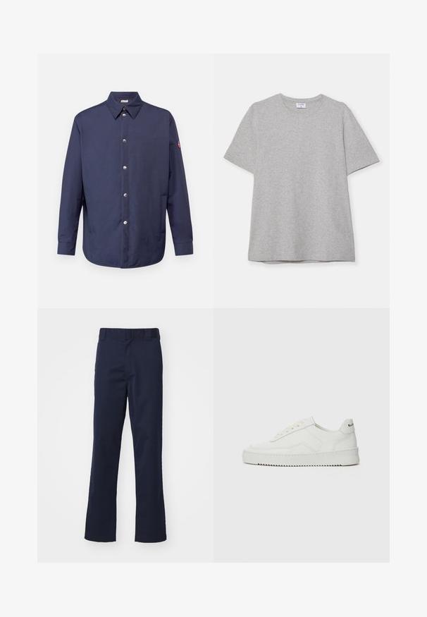 Camicia blu navy con colletto, maniche lunghe, bottoni argentati e una toppa sul braccio sinistro. Tessuto morbido con una vestibilità comoda.; T-shirt grigio a maniche corte realizzato in morbido tessuto testurizzato. Presenta un classico colletto a girocollo e un orlo dritto, adatto per un abbigliamento casual.; Pantaloni blu navy realizzati in tessuto, con un design a gamba dritta, passanti per la cintura e una finitura pulita all'orlo. Nessun motivo o accentuazione visibile.; Sneaker in pelle bianca con una finitura liscia, punta rotonda, lacci piatti e suola testurizzata. Presenta un logo discreto sul tallone.