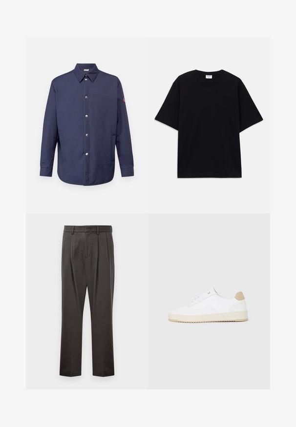 Mornarica košulja na gumbe s ovratnikom, dugim rukavima, srebrnim gumbima i zakrpom na lijevoj ruci. Glatka tkanina s opuštenim krojem.; Crna kratka oversized majica s kratkim rukavima i okruglim izrezom, s vidljivom etiketom branda Filippa K unutar ovratnika.; Tamno sivi hlače od teksturiranog materijala, s ravnim prednjim dijelom, plisama, ravnim nogavicama i petljama za remen. Bez vidljive metalne opreme ili uzoraka.; Bijele niske tenisice s gornjim dijelom od teksturirane kože, kremasto žljebastim potplatom i smeškim akcentom na peti. Imaju bijele vezice i detalj s logotipom na peti.
