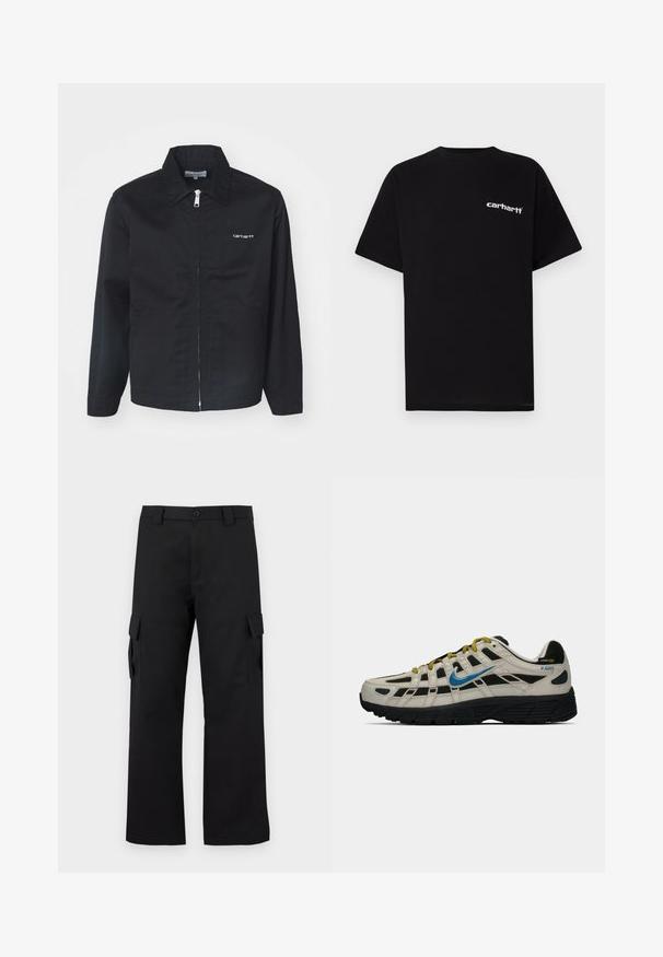 Schwarze Jacke aus strapazierfähigem Stoff, mit Reißverschluss, spitzem Kragen und Seitentaschen. Enthält weiße Logodetails auf der Brust.; Schwarzes Baumwoll-T-Shirt mit kurzen Ärmeln, Rundhalsausschnitt und weißem "Carhartt"-Logo auf der linken Brust. Glatte Textur, minimalistisches Design.; Schwarze Cargo-Hosen mit geradem Bein Design. Hergestellt aus strapazierfähigem Stoff, mit zwei Seitentaschen mit Klappen und einem Knopfverschluss.; Beige und schwarze Nike P-6000 Sneaker mit blauen Swoosh, gelben Schnürsenkeln, schwarzem Profil und Cordura-Gewebelabel an der Ferse.