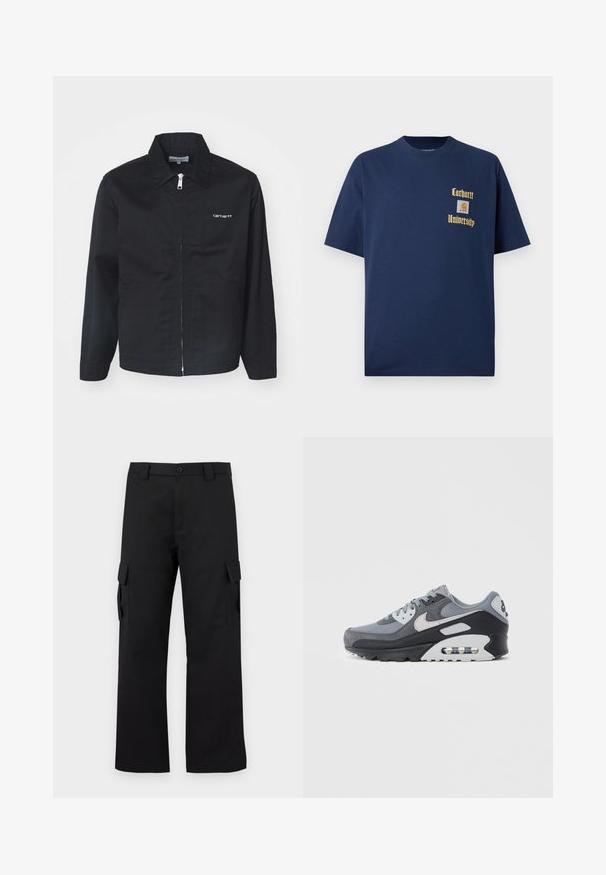 Čierna bunda vyrobená z odolného materiálu, s predným zipsom, špicatým golierom a bočnými vreckami. Obsahuje biele logo na hrudi.; Námornícky modré bavlnené tričko s krátkymi rukávmi, s vyšívaným zlatým textom "Carhartt University" a nášivkou loga na ľavom prsníku.; Čierne cargo nohavice so strihom rovného nohu. Vyrobené z odolnej látky, s dvoma bočnými vreckami so klopami a zapínaním na gombík.; Šedá teniska s kombináciou sieťoviny a semišu, čiernou podrážkou a viditeľnou vzduchovou jednotkou. Výrazné svetlosivé doplnky a šnúrky.