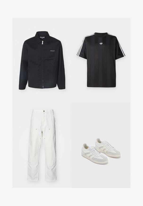 Svart jakke laget av slitesterkt stoff, med glidelås, spiss krage og sidelommer. Inkluderer hvit logo detalj på brystet.; Svart t-skjorte med kort erm og hvite tre-stripes detaljer på skuldrene og en liten hvit logo på brystet. Mjuk stofftekstur.; Hvite bomullscargo bukser med avslappet passform. Funksjoner inkluderer frontlommer, gullfargede detaljer og forsterkede knepartier.; Hvite joggesko med lysegrå semsket skinndetaljer og striper, med et teksturert stoffoverdel, flate lisser og gummisåle.