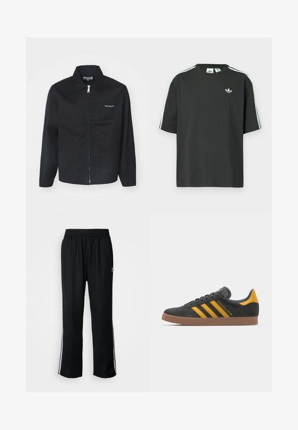 Juodas džemperis, pagamintas iš tvirto audinio, su užtrauktuku, smailiu apykakle ir šoniniais kišenėmis. Įskaičiuota balta logotipo detalė ant krūtinės.; Juoda medvilninė trumpų rankovių marškinėliai su apvalia apykakle ir trimis baltomis juostelėmis ant pečių. Priekyje yra mažas baltas logotipas.; Juodi sportiniai keliai su elastingu juosmeniu, su baltais šonais ir mažu logotipu. Atrodo, kad medžiaga yra minkšta ir lengva.; Juodas zomšinės sportbačiai su geltonais akcentais, turintys tris juosteles ir rudą gumos padą. Apima paminkštintą liežuvėlį patogumui.