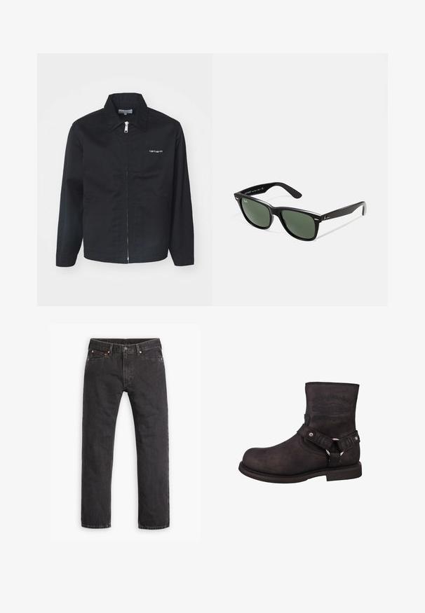 Veste noire en tissu durable, dotée d'une fermeture éclair, d'un col pointu et de poches latérales. Comprend un détail de logo blanc sur la poitrine.; Haut à manches longues et à côtes, de couleur vert foncé, avec un col rond et un ourlet droit. Fabriqué en tissu doux, avec des coutures minimales et sans motifs visibles.; Jeans en denim noirs à jambes droites avec cinq poches, fermeture à bouton et rivets cuivrés, posés à plat sur un fond blanc.; Botte de moto en cuir noir avec un bout arrondi, hauteur à la cheville et une marque visible. Comprend une sangle avec un anneau en métal et des accents en métal argenté.; Lunettes de soleil en plastique noir avec verres verts, monture carrée, accent argenté sur le sourcil et branches texturées. Marque indiquée sur l'intérieur de la branche.