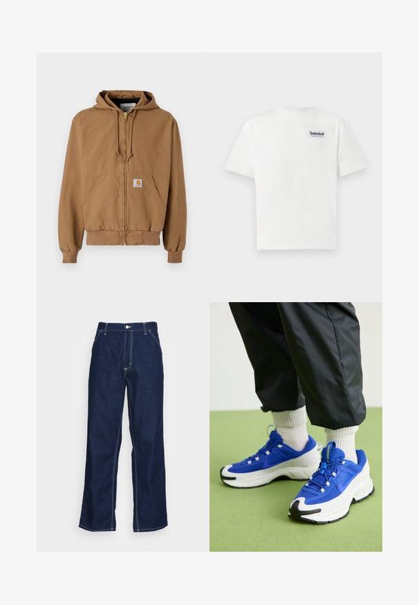 Felpa con zip marrone in cotone, dotata di una tasca frontale, cordini regolabili e un'etichetta quadrata con logo sulla tasca sinistra.; T-shirt bianco in cotone con logo ricamato blu "Timberland Rugged Active Gear" sul lato sinistro del petto. Maniche corte e colletto rotondo.; Pantaloni in denim blu scuro con gambe ampie, caratterizzati da una vita alta, tasche frontali e cuciture bianche a contrasto lungo le cuciture.; Scarpe sportive blu e bianche con tessuto strutturato, suola in gomma prominente e dettagli neri. Presentano lacci e un design ammortizzato.