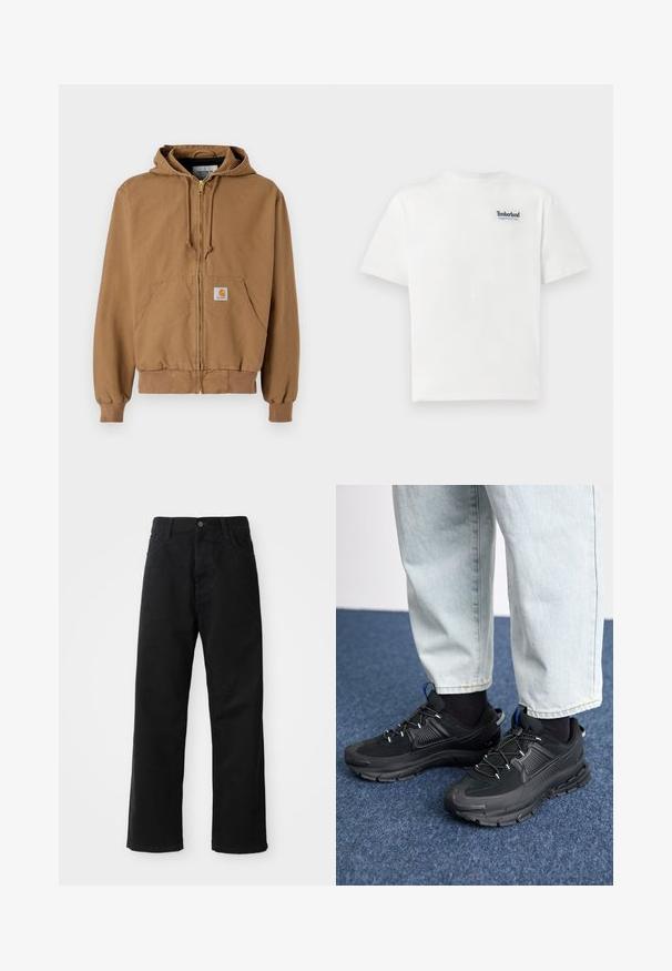 Brun zip-up hættejakke lavet af bomuld, med en lomme foran, justerbare snore og et firkantet logo-patch på den venstre lomme.; Hvid bomulds T-shirt med et blåt broderet "Timberland Rugged Active Gear" logo på den øverste venstre bryst. Korte ærmer og rund hals.; Sorte denimbukser med lige snit, der har frontlommer, lynlås og en enkelt knap i toppen. Struktureret stof med en mat finish.; Sorte træningssko med tekstureret stof og gummisåler, udstyret med elastiske snørebånd og en blå detalje på hælen. Bæres med lyse denimbukser.