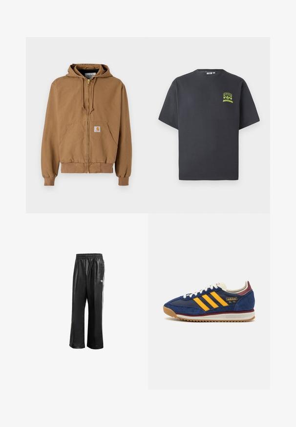 Brown zip-up hoodie made of cotton, featuring a front pocket, adjustable drawstrings, and a square logo patch on the left pocket.; Charcoal gray Adidas T-shirt with short sleeves and a small neon green graphic of speakers, sun, and Adidas logo on left chest.; Black synthetic track pants with an elastic waistband, featuring white side stripes and a small white logo on the left hip.; Navy suede sneaker with yellow stripes, white laces, and burgundy accents. Textured sole with grooves for traction. Brand logo on side.