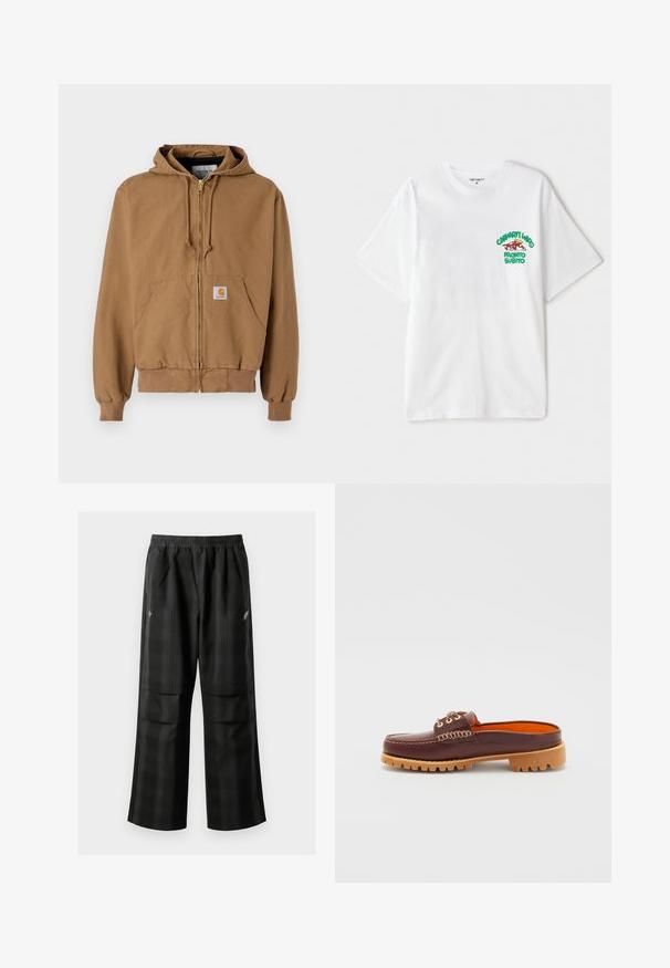 Rjava zip-up kapucar iz bombaža, ki ima sprednji žep, nastavljive vrvi in kvadratno logotipno oznako na levem žepu.; Bela bombažna majica s kratkimi rokavi, na levi strani prsnega dela pa je grafični napis v zeleni in rdeči barvi z besedilom "cashart Who Pronto Subito."; Črne karirane hlače z elastičnim pasom, dvema sprednjima žepoma in ohlapnim krojem s pravimi nogavicami. Narejene so iz lahke tkanine.; Rjave usnjene čevlje brez vezalk z zaobljenim nosom, teksturiranimi šivi, zlatimi luknjicami in tanjšo, robasto podplatko. Notranjost je v svetlo oranžni barvi.