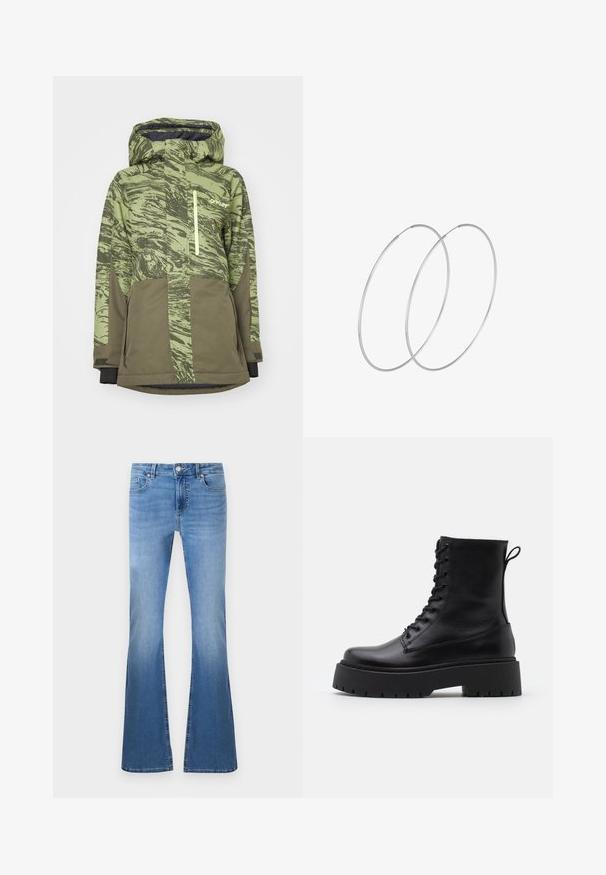 Žalias raštuotas snieglenčių striukė su užtraukiama kišenė, reguliuojamu kapisonu ir kontrastinėmis tamsiomis rankovėmis. Pagaminta iš patvarios, vandeniui atsparios medžiagos.; Pilkas megztinis iš minkštos medžiagos, puošiamas juodu leopardų raštu, apvaliu iškirpimu ir raštuotomis rankovėmis bei apačia. Tekstūruoti pleistrai suteikia dimensiją.; Šviesiai mėlyni išsiplėtę džinsai su nusidėvėjusiu paviršiumi, turintys priekinį mygtuką ir užtrauktuką, penkių kišenių stilių ir matomas siuvimo detales.; Juodos odinės aulinukės su apvalia nosimi, raišteliais priekyje ir storesniu guminio pado apačioje su tekstūruotu raštu. Priekyje yra kilputė.; Sidabrinės pusmėnulio auskarai minimalistiniu dizainu. Apskritimo forma, lygus paviršius ir plonas profilis. Lengvi su poliruotu apdailu.