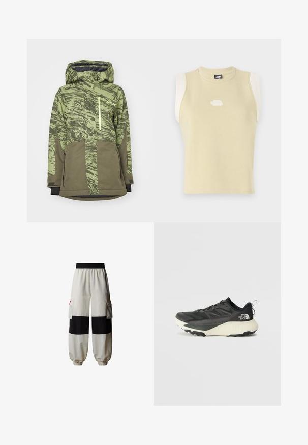 Giacca da snowboard verde a fantasia con tasca con zip, cappuccio regolabile e maniche scure in contrasto. Realizzata in materiale durevole e resistente all'acqua.; Top senza maniche in cotone giallo pastello con scollatura rotonda. Presenta pannelli nella parte delle spalle in crema a contrasto e un logo testurizzato sul petto.; The North Face HIMALAYAN - Pantaloni cargo - white dune tnf black; Scarpa da ginnastica nera con tomaia testurizzata, con accenti grigi e un sottopiede bianco. Include una linguetta sul retro e un logo del marchio ben visibile sul tallone.