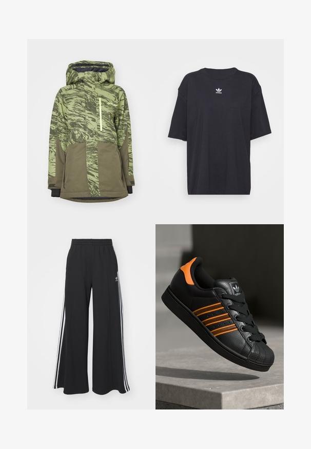 Giacca da snowboard verde a fantasia con tasca con zip, cappuccio regolabile e maniche scure in contrasto. Realizzata in materiale durevole e resistente all'acqua.; T-shirt in cotone nero con maniche corte, scollatura rotonda, presenta un logo bianco Adidas sul petto. Design semplice, vestibilità rilassata.; Pantaloni in felpa neri a gamba larga con vita elastica, dotati di strisce bianche sui lati e un logo ricamato sulla coscia sinistra.; Sneaker nera con accenti arancioni, tre strisce orizzontali, parte superiore in pelle texture, punta in gomma e lacci neri.