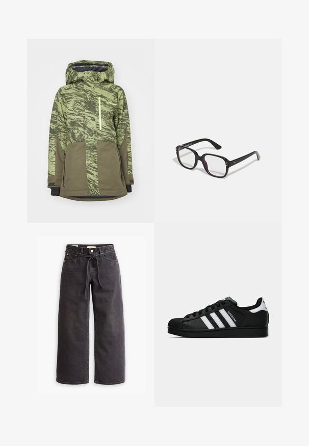 Zelená snowboardová bunda s vzorom, ktorá má zipsovú kapsu, nastaviteľnú kapucňu a kontrastné tmavé rukávy. Vyrobená z odolného, vodeodolného materiálu.; Biele top bez rukávov s nastaviteľnými ramienkami, priliehajúci strih, hladká textúra látky a okrúhly výstrih. Žiadne vzory ani kovové detaily.; Čierne široké džínsy vyrobené zo denimu, s elastickým pásom na šnúrku, piatimi vreckami a kontrastným prešívaním. Rovný predný dizajn.; Čierne tenisky Adidas Superstar s bielymi pruhmi, špičkou v tvare mušle a textom "Superstar" na boku, zobrazené v bočnom profilu na bielom pozadí.; Čierne obdĺžnikové okuliare s priesvitnými sklami, s zaoblenými okrajmi a bočnými akcentmi, s lesklým povrchom rámu a ramien.