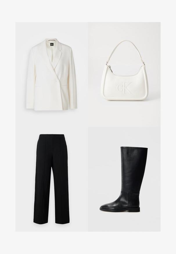 Biely blejzer so štruktúrovaným dizajnom, s jedným gombíkom na zapínanie, klopami a dvoma bočnými vreckami. Hladká textúra látky.; Čierne tričko s krátkym rukávom vyrobené z mäkkej bavlny, s okrúhlym výstrihom, uvoľneným strihom a hladkou štruktúrou. Žiadne viditeľné vzory ani grafika.; Čierne nohavice s širokými nohavicami vyrobené z hladkej látky, s plochým predným dielom, dvoma vertikálnymi švami a jednoduchým dizajnom pásu.; Čierna kožená čižma po kolená s okrúhlym prstom, hladkou textúrou, minimalistickým dizajnom a plochou podrážkou. Jednoduché švy na nohavici.; Biela kožená kabelka s zakriveným tvarom, na prednej strane s embosovaným logom "CK" a jedným ramenným popruhom. Zipsové zapínanie navrchu.