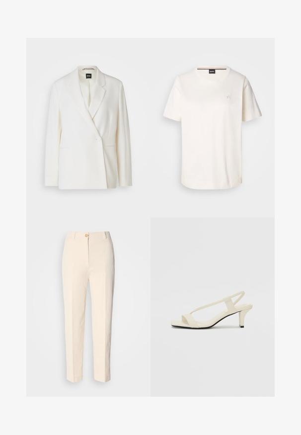 Bílý blazer se strukturovaným designem, zapínáním na jeden knoflík, klopami a dvěma postranními kapsami. Hladký materiál.; Bílý bavlněný tričko s krátkým rukávem, kulatým výstřihem a malým logem na hrudi. Hladká textura a rovný lem.; Krémové, vysoké kalhoty vyrobené z texturované látky. Obsahují přední zapínání na knoflík a zúžené nohavice.; Krémové sandály na bloku s tenkými popruhy a čtveratou špičkou. Hladký materiál s minimálními detaily, navržené pro snadné nošení.