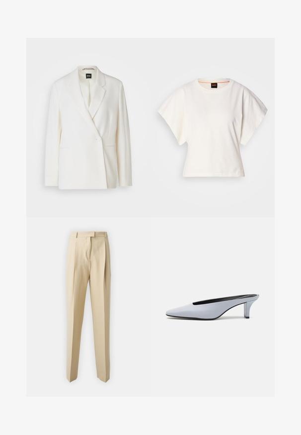Biely blejzer so štruktúrovaným dizajnom, s jedným gombíkom na zapínanie, klopami a dvoma bočnými vreckami. Hladká textúra látky.; Biely skrátený tričko, krátke široké rukávy, mäkký bavlnený materiál, okrúhly výstrih s jemným oranžovým lemovaním, minimalistický dizajn, bez vzorov alebo grafiky.; Béžové nohavice na mieru so priamym strihom, s plisovaním, pásom a hladkou textúrou. Žiadne viditeľné vrecká ani ozdoby.; Svetlomodrá lakovaná mule s špicatou špičkou, nízkym priehľadným opätkom a elegantným dizajnom s vykrojením na prednej časti.