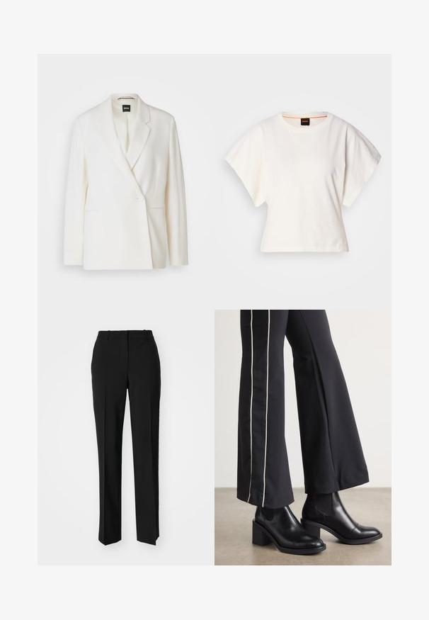 Valge bleiser, millel on struktureeritud disain, ühe nööbiga kinnitamine, nööbist lapel ja kaks külgtaskut. Sile kangas.; Valge lühikeste laiadte varrukatega lühike T-särk, pehme puuvillane materjal, ümar kaelus kergelt oranži ääristusega, minimaalne disain, ilma mustrite ja graafikateta.; Mustad ja sirged püksid, millel on sile tekstuur ja teravad voldid esiosas. Ilma nähtavate detailideta.; Mustad nahast pahklu_bootid, millel on ploki konts ja elastsed külgpaneelid. Kombineeritud mustade pükstega, millel on valge küljeriba.