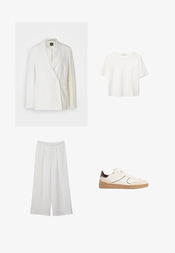 Witte blazer met een gestructureerd ontwerp, enkele knoopsluiting, notch revers en twee zijzakken. Glad stoftextuur.; Witte korte mouwen t-shirt van katoen. Heeft een ronde halslijn en een ontspannen pasvorm. Glad textuur zonder zichtbare patronen of accenten.; Witte wijde broek van lichtgewicht stof, met een elastische tailleband en een trekkoord voor een verstelbare pasvorm. Glad texture.; Stradivarius Sneakers laag - white