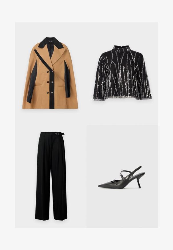 Béžová bunda s černými akcenty, širokými klopami, dvouřadým zapínáním a dvěma bočními kapsami; má strukturovanou látku a geometrické vzory.; Černý zkrácený top s vysokým límcem, s vertikálními stříbrnými flitry, průhlednými rukávy a texturovanou tkaninou.; Černé široké kalhoty s vysokým pasem, záhyby vpředu a páskem s přezkou. Vyrobené z hladké, lehké tkaniny.; Černé kožené lodičky na boku s špičatou špičkou, štíhlým podpatkem a dekorativní přezkou na nártu. Hladká textura a elegantní design.