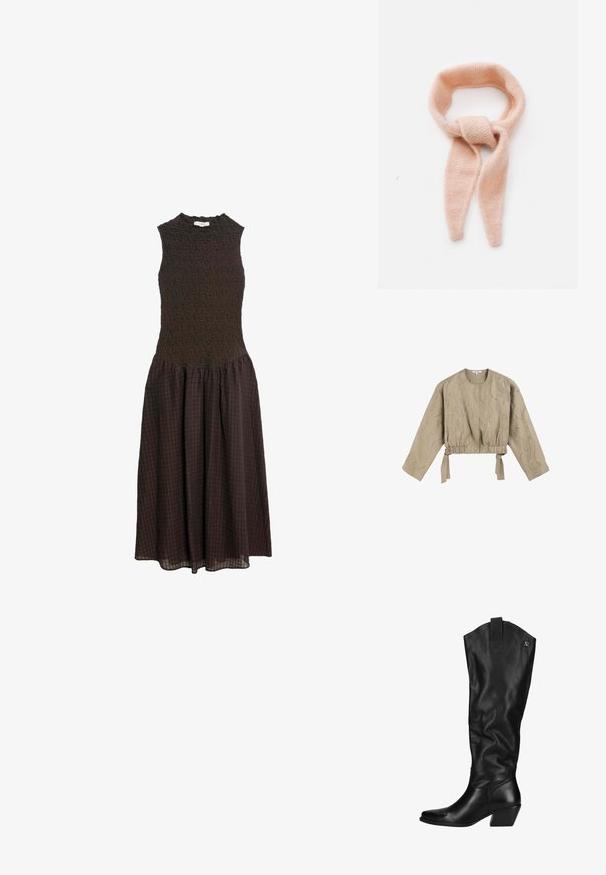 Chaqueta corta beige con mangas largas, cintura fruncida y cierres de lazo. Presenta un patrón texturizado con hilos metálicos. Tejido suave.; Vestido midi sin mangas de color marrón oscuro con un torso ajustado texturizado y una falda de cuadros fruncida sobre un fondo blanco.; Botas de cuero negras hasta la rodilla con un acabado ligeramente texturizado. Presentan una punta afilada, un tacón bloque y un acento de logo en la parte superior.; Bufanda de color rosa pálido tricotada, textura suave, diseño en forma de lazo con extremos alargados, que presenta un detalle anudado en el centro.