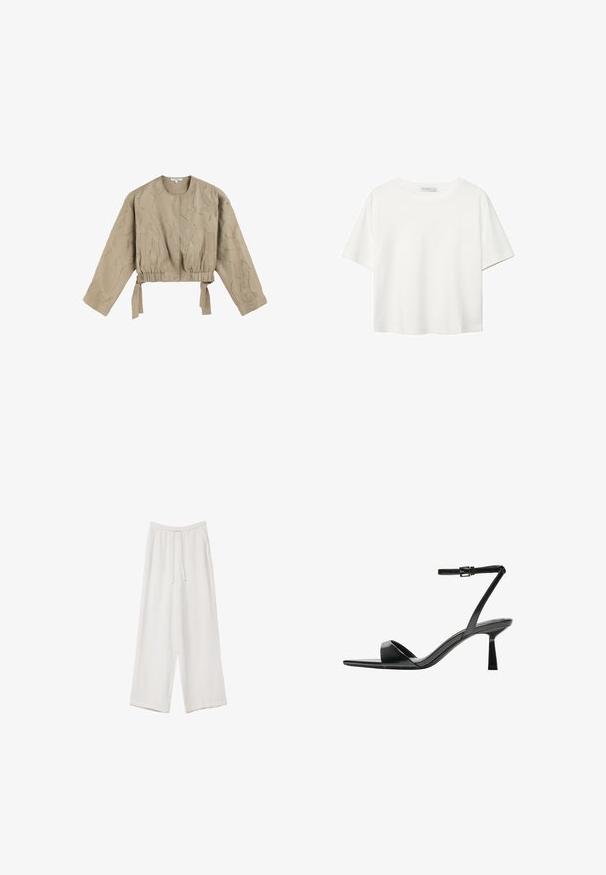 Beige cropped jacket with long sleeves, gathered waist, and tie closures. Features a textured pattern with metallic threads. Smooth fabric.; White short-sleeve t-shirt made of cotton. Features a crew neckline and a relaxed fit. Smooth texture with no visible patterns or accents.; White wide-leg trousers made from a lightweight fabric. Features an elastic waistband with a drawstring and side pockets. Smooth texture.; Bershka High heeled sandals - black
