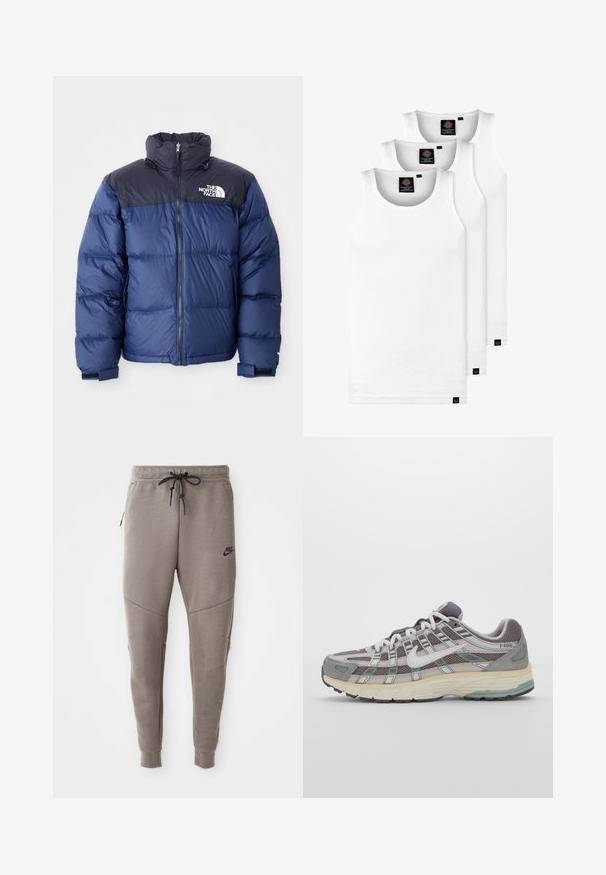 Navy blue puffer jacket featuring a black top section, high collar, front zipper, and logo on the chest. Bulked texture and elastic cuffs.; Three white ribbed tank tops made of cotton. Features a crew neck and small black labels near the hem. Available in multiple sizes.; Gray Nike sweatpants with a drawstring waistband, tapered legs, side pockets, and distinct seam detailing. Soft, textured fabric.; Gray athletic shoe featuring a mesh and suede upper, white accents, a cushioned sole, and a distinctive design with reflective elements.