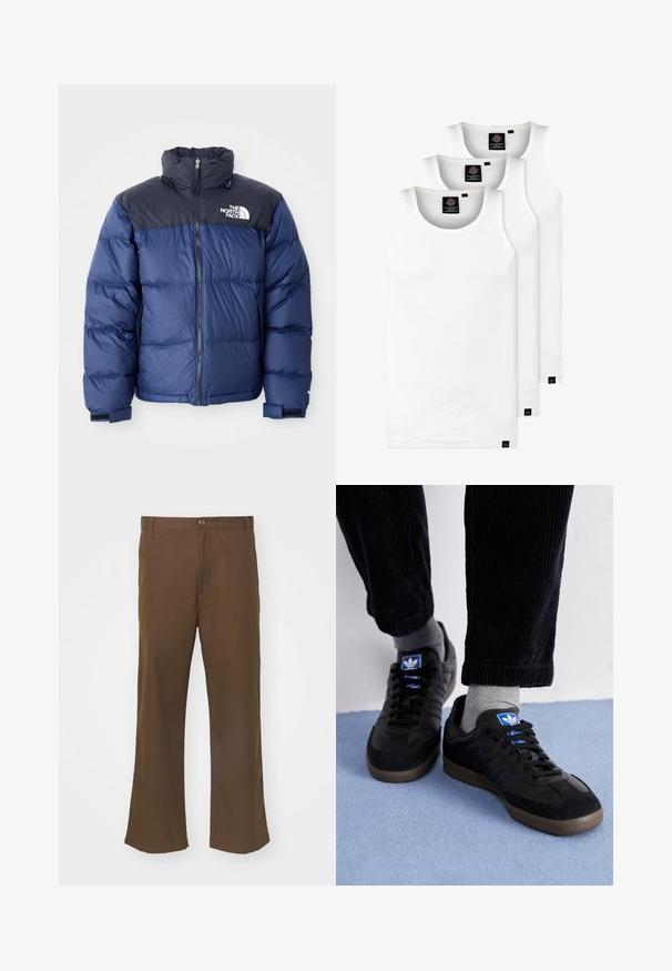 Tumesinine puhvjakas, millel on must ülemine osa, kõrge krae, eesmine visiir ja logo rinnal. Mahukas tekstuur ja elastsed mansetid.; Kolm valget ribaga t-särki, mis on valmistatud puuvillast. Omavad ümmargust kaelanõhku ja väikseid musti silte hemme lähedal. Saadaval erinevates suurustes.; Pruunid laiad püksid siledast kangast, millel on nööbiga sulgur, esipocketid ja sirged õmblused jalgade ääres.; Mustad mustad, mis on valmistatud siidist ja nahast, sinise logoga ja pruunist kummist tallaga. Kombineeritud hallide sokkide ja sametpükstega.