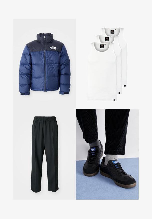 Tamsiai mėlynas pūkinis švarkas su juodu viršutiniu seksi, aukštu apykakle, priekiniais užtrauktukais ir logotipu ant krūtinės. Masyvūs tekstūros elementai ir elastingos rankogaliai.; Trys balti, dryžuoti marškiniai be rankovių, pagaminti iš medvilnės. Yra apvalus kaklas ir maži juodi etiketės netoli siūlės. Siūlomi įvairių dydžių.; Juodi sportiniai kelnių modeliai su elastinga juosmena, pagaminti iš šiurkščios medžiagos, su subtiliomis šoninėmis siūlėmis ir laisva, tiesia koja.; Juodi sportiniai bateliai, pagaminti iš zomšos ir odos, su mėlynu logotipu ir rudu gumuotu padu. Derinami su pilkais kojiniais ir kordūroje pagamintomis kelnėmis.