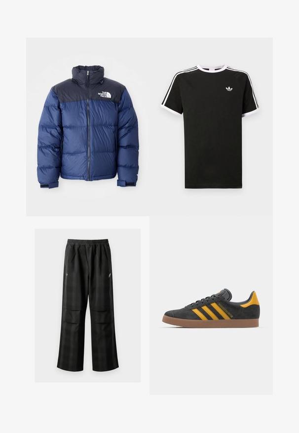 Casaco puffer azul-marinho com uma secção superior preta, gola alta, fecho frontal e logótipo no peito. Textura volumosa e punhos elásticos.; T-shirt preta feita de algodão com detalhes em branco. Apresenta mangas curtas, design raglan, e um pequeno logótipo no peito. Três riscas brancas nos ombros.; Calças pretas em padrão xadrez com cintura elástica, dois bolsos frontais e um ajuste solto com design de perna reta. Feitas de material leve.; Tenis em camurça preta com detalhes amarelos, apresentando três riscas e uma sola de borracha castanha. Inclui uma língua acolchoada para maior conforto.