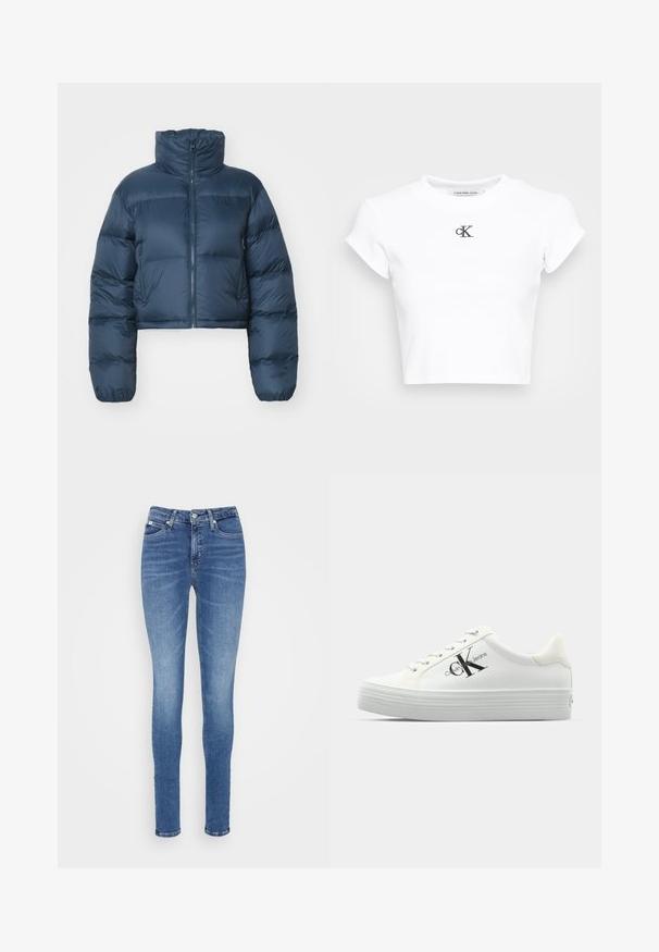 Orezana zimska jakna temno modre barve s visokim ovratnikom, z zadrgo spredaj in dvema stranskima žepoma. Ima prešite dele in elastične manžete. Mehka tekstura.; Bela skrajšana majica iz rebraste tkanine. Ima okroglo izreznico in kratke rokave. Črn vezen "cK" logotip na prsih.; Tanek jeans v srednji modri denimu, s poudarjeno višjo pasom, gladko teksturo, dvema sprednjima žepoma in enim zadnjim žepom.; Bele platform superge z gladkim umetnim zgornjim delom, toniranimi vezalkami in črnim logotipom. Dvignjen gumijast podplat ima vodoravne utore za oprijem.