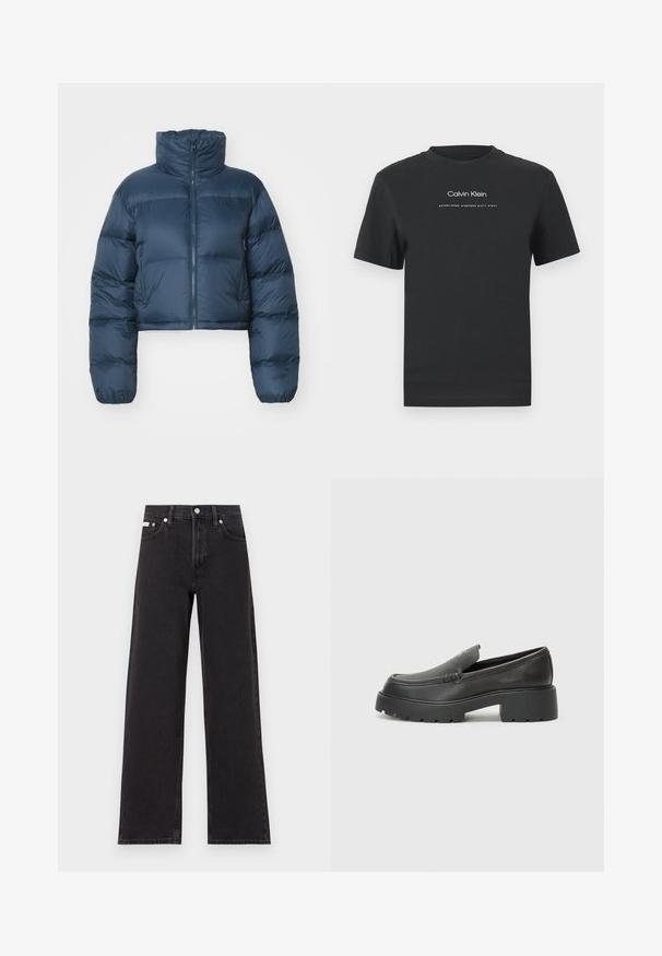 Cropped navy puffer jacket with high collar, zip front, and two side pockets. Features quilted sections and elasticized cuffs. Soft texture.; Black cotton T-shirt with a crew neckline, short sleeves, and white printed "Calvin Klein" logo and "Established 1968" text.; Black wide-leg jeans made of denim, featuring a high-rise waist, five-pocket styling, and a metal button closure with contrasting stitching.; Black leather loafers with a rounded toe, thick textured sole, and minimal stitching details. Sleek design with no visible laces or hardware.