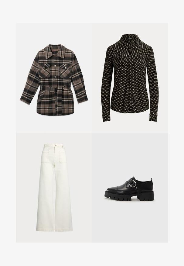 Karirana jakna v odtenkih rjave, črne in bež. Ima ovratnik, dva žepa na prsih, pas z zaponko in potisne gumbe.; Črna srajca s kratkimi rokavi in belo kvadratno vzorcem, dolgi rokavi, ovratnik in dva sprednja žepa, izdelana iz mehkega materiala.; Široke jeans hlače v off-white denim tkanini. Visok pas z gumbnim zapiranjem, dvema sprednjima žepoma in detajli kontrastnega šivanja.; Črne usnjene čevlje z debelim, rebrastim podplatom, ki imajo okroglo srebrno kovinsko dodatno opremo in minimalne šive.
