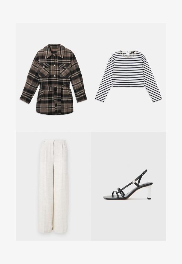 Kostkovaná košile v odstínech hnědé, černé a béžové. Má límeček, dvě náprsní kapsy, pás s přezkou a patentky.; Pruhovaný dlouhý rukáv v bílé a námořnické modři, zkrácený střih s kulatým výstřihem, který má dekorativní stříbrný řetízek detail na límci.; Kalhoty s širokými nohavicemi v světle béžové látce s texturovaným tkaným vzorem. Mají přední pas a žádné viditelné zapínání.; Černé sandály na podpatku s několika úzkými pásky, designem s objímáním paty a stříbrným akcentem na podpatku. Hladký svrchní materiál a čtvercový podpatek.