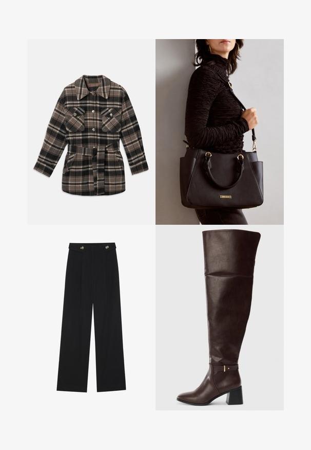 Plaid shirt jacket in shades of brown, black, and beige. Features a collared neck, two chest pockets, a belted waist, and snap buttons.; Two long-sleeve tops in white and black cotton blend, featuring contrasting stitching at the neckline and hem. Simple, fitted design.; Black wide-leg trousers with high waist, button details on waistband, and front pleats.; Dark brown knee-high leather boot with block heel and decorative strap detail on side, shown against a plain light background.; Black handbag with textured surface, dual top handles, and adjustable shoulder strap. Features gold-tone hardware and side pockets.