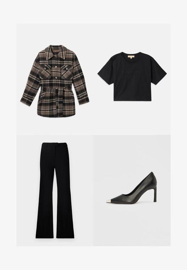 Kleitkava teksajakk pruunides, mustades ja beežides toonides. Omab kraega kaela, kahte rinna taskut, vöökoht on vööga ning tõmblukud on näpuga kinnitatud.; Must have mustakroot särk, mis on valmistatud puuvillast. Omab ümmargust kaelust ja lühikesi varrukaid. Ees on sama värviga tikitud "MICHAEL KORS".; Mustad flared püksid, millel on sile tekstuur, kohandatud vöökoht ja ees olevad taskud, kujundatud laisa, modernse siluetiga.; Mustast nahast kõrge kontsaga king terava varba ja metallik hõbedase otsikuga. Iseloomustab sile viimistlus ja sihvakas 10 cm konts.