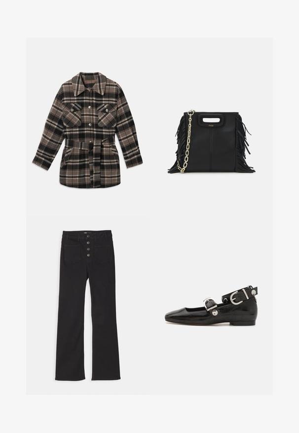 Kleitkava teksajakk pruunides, mustades ja beežides toonides. Omab kraega kaela, kahte rinna taskut, vöökoht on vööga ning tõmblukud on näpuga kinnitatud.; Valge kootud tank top ruudukujulise kaelusega, laiad õla rihmad ja mugav lõige, millel on sile tekstuur ja ilma mustriteta.; Mustad denimist laiad jalad kõrge vöökohaga, viie taskuga disain ja esine nupuga kinnitamine, kus on neli metallnuppu.; Must musta nahkkinga lamead kontsad, ruudukujulise varbaga, pahkluu rihmaga, mis sisaldab hõbedast taakleid, ning lame tald. Siledat pinda ja minimalistlikku disaini.; Musta nahk käekott, millel on frantsiisid, kuldne ahelsanga ja lõigatud käepide. Esiosas on logot.; Kuldne tooni kõrvarõngad mitme voolava ahelaga, millel on selged ovaalsed rhinestone aktsendid ja dekoratiivsed stud-tippud.