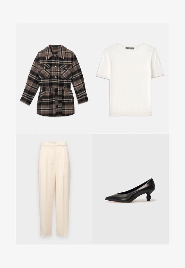 Kockás ingdzseki barna, fekete és bézs árnyalatokban. Galléros nyakkal, két mellzsebbel, övvel és patent gombokkal rendelkezik.; Fehér, rövid ujjú kötött felső, kerek nyakkivágással, sima textúrával és diszkrét bordázott részletekkel az ujjain és az alján.; Beige, egyenes szabású testre szabott nadrág, elöl plisszírozással, sima textúrával és közepes derékkal. Nincsenek látható zsebek.; Fekete bőr magassarkú cipő, hegyes orral és kerek, gömbölyű sarokkal. Simább textúrával, elegáns, minimalista dizájnnal.