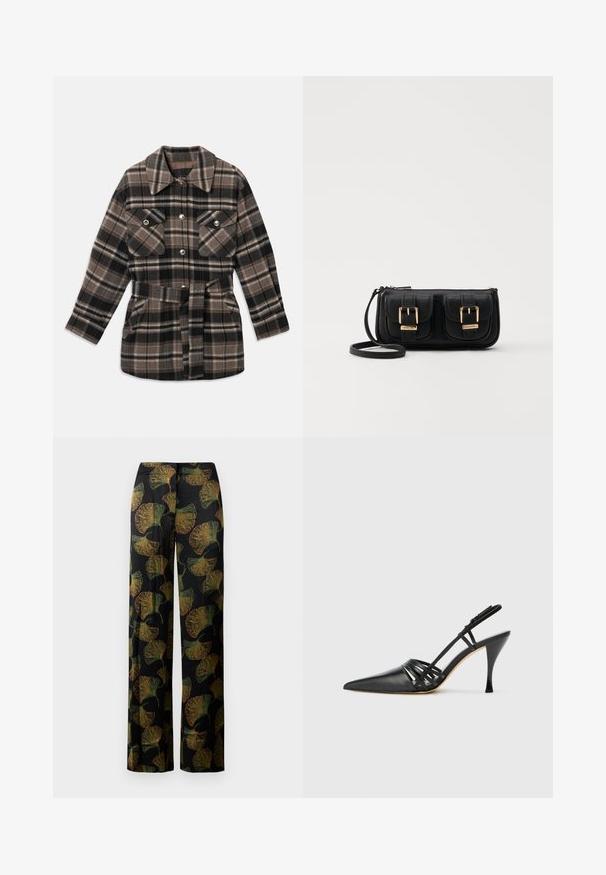 Kockovaná košela s bundou v odtieňoch hnedej, čiernej a béžovej. Obsahuje golier, dve náprsné vrecká, pás s opaskom a cvoky.; Biely skrátený tričko s voľným strihom, krátkymi širokými rukávmi, okrúhlym výstrihom a bočnými rozparkami, vyrobené z mäkkej bavlny.; Čierne nohavice s širokými nohavicami, zdobené potlačou ginkgo listov v zelenej a oranžovej farbe. Látka má jemnú textúru, ktorá zdôrazňuje vzor po celom obvode.; Čierne kožené vysoké podpätkové sandále so špicatou špičkou, krížovým dizajnom popruhu a úzkym stiletto podpätkom. Hladká textúra a minimálne akcenty.; Čierna kožená crossbody taška s dvoma prednými vreckami, zlatými sponami, zipsovým uzatváraním a úzkym popruhom. Štruktúrovaný povrch a kompaktný obdĺžnikový tvar.