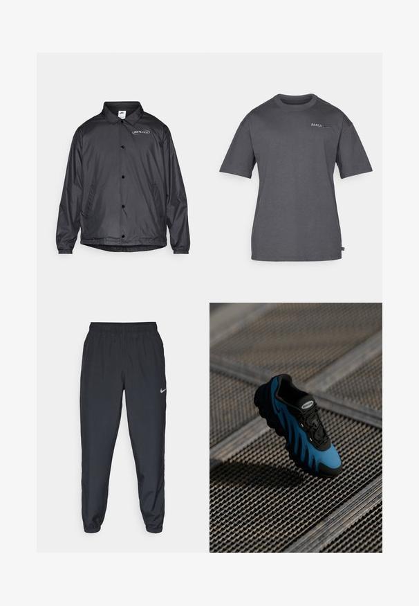 Crna jakna protiv vjetra s ovratnikom, kopčanjem na gumbi, elastičnim manžetama, bočnim džepovima i logotipom na lijevoj strani prsiju. Lagani materijal.; Tamna siva majica kratkih rukava s okruglim izrezom, s malim natpisom "BARÇA" i Nikeovim logom u gornjem lijevom kutu prsnog koša.; Crne trenirke od laganog materijala s elastičnom trakom u struku, manžetama na gležnjevima i diskretnim Nike logom s lijeve strane.; Crne i plave tenisice s teksturiranom površinom, zakrivljenim bočnim panelima i kružnim akcentima na potplatu. Imaju vezice i označenu jezičak s logotipom.