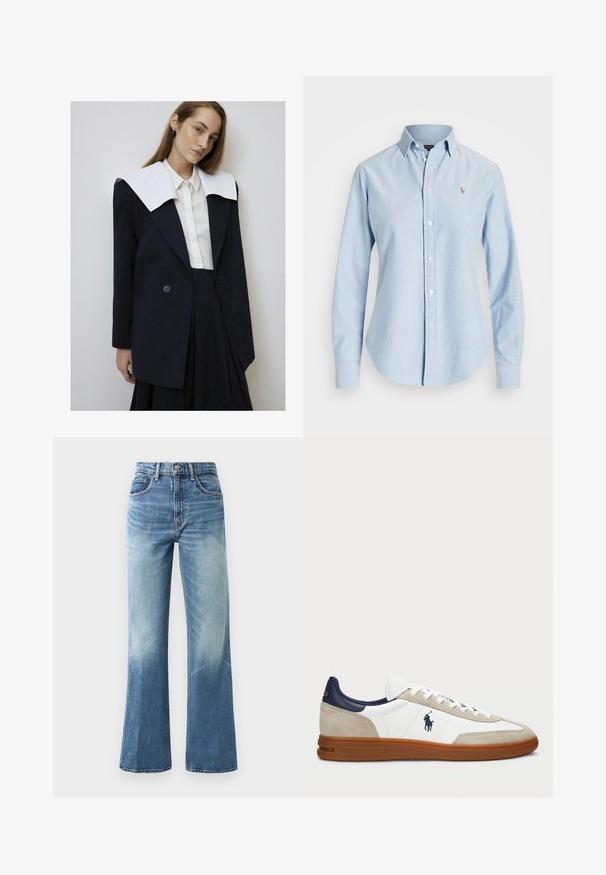 Mornarsko velik športni suknjič z velikim belim ovratnikom, dvojno zapenjanjem in gladko teksturo, kombiniran z belim srajčnim zgornjim delom.; Svijetloplava košulja na dugih rukava od pamuka, s oštrim kragnom i malim izvezenim logom na lijevoj strani grudi.; Svetlo modri visokorasli traper hlače s širokim krojem, zbledelim videzom, petimi žepi in kovinskim gumbom za zapiranje.; Beli in bež športni copati s zgornjim delom iz usnja in semiša, mornarsko modri akcenti in rjavi gumijasti podplat. Imajo znak na strani in vezalni dizajn.