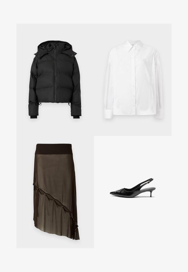 Chaqueta de invierno acolchada negra con capucha, cremallera frontal y cordones ajustables en el dobladillo, exhibida sobre un fondo blanco liso.; Camisa blanca de manga larga con botones, hecha de una suave mezcla de algodón. Cuenta con un cuello clásico, cierre frontal con botones y puños redondeados.; Falda de malla negra con una cinturilla ajustada, dobladillo asimétrico, botones decorativos en la parte delantera y textura transparente en capas.; Tacones slingback de cuero negro con punta afilada, pequeño tacón kitten y un detalle de nudo decorativo en la parte frontal. Textura suave en toda la superficie.