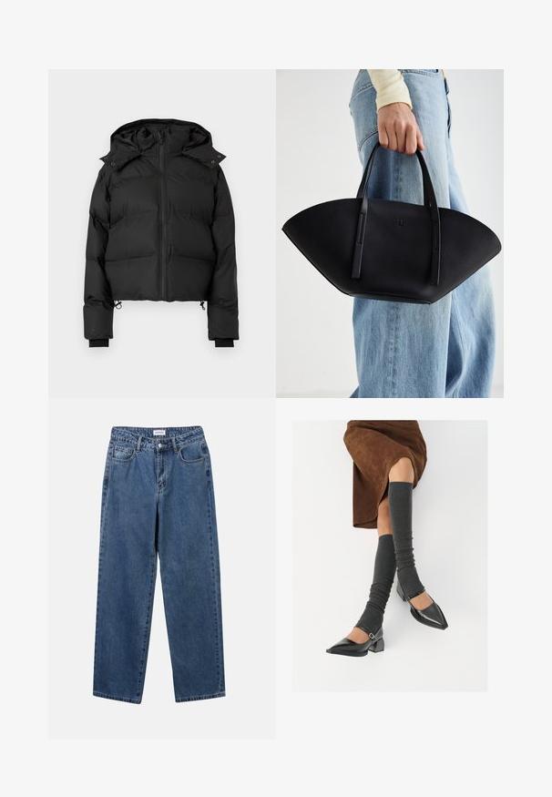 Czarna ocieplana kurtka zimowa z kapturem, z przednim zamkiem błyskawicznym i regulowanymi trokami u dołu, wyeksponowana na jednolitym białym tle.; Kremowy, prążkowany top na ramiączkach z regulowanymi szelkami, z guzikiem z przodu i gładką fakturą. Metka znajduje się wewnątrz.; Klasyczne niebieskie dżinsy o prostym kroju, pięć kieszeni i zapięcie na guzik. Charakteryzują się średnim odcieniem i solidną teksturą.; Czarne lakierowane buty na szpilce z prostokątnym obcasem i paskiem na kostce, zestawione z szarymi prążkowanymi ocieplaczami na nogi oraz brązową zamszową spódnicą.; Czarna skórzana torebka w unikalnym kształcie wachlarza, z płaskimi uchwytami. Powierzchnia ma fakturę kamyków i minimalistyczny design.