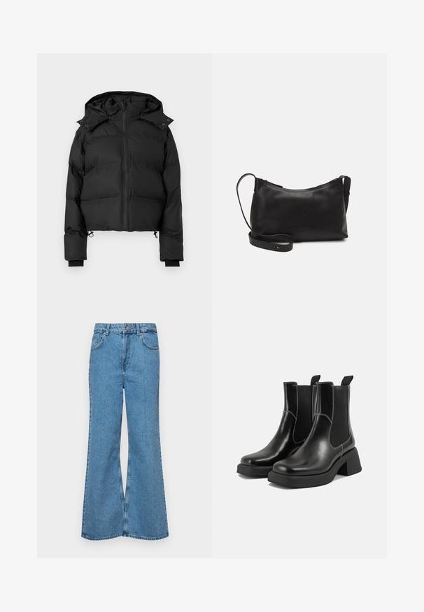 Zwarte gewatteerde winterjas met capuchon, voorzijde met rits en verstelbare trekkoorden aan de onderkant, gepresenteerd op een effen witte achtergrond.; Witte katoenen T-shirt met ronde hals, korte mouwen en een gladde textuur. Ontworpen met een comfortabele en veelzijdige relaxte pasvorm.; Lichtblauwe flared jeans van denim, met een hoge taille, vijf zakken en een enkele knoopsluiting. Zachte textuur met een vervaagde afwerking.; Zwarte leren Chelsea-boots met een chunky hak, elastische zijpanelen en contrasterende witte stiksels. Gestructureerde afwerking.; Zwarte leren schoudertas met een gladde textuur, gebogen vorm, verstelbare schouderband en een ritsafsluiting. Minimalistisch ontwerp zonder versieringen.