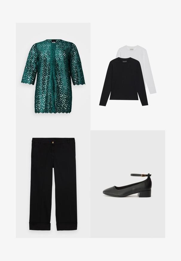 Tyrkysová čipkovaná blúzka so vzorom listov, okrúhlym výstrihom a rukávmi do troch štvrtín. Polopriehľadná látka s volánovým lemom a zapínaním na gombíky.; Dvoje tričiek s dlhým rukávom: jedno čierne a jedno biele. Obe majú okrúhly výstrih a hladkú, rebrovanú štruktúru. Na vnútornom strane výstrihu je viditeľná značka.; Čierne bavlnené nohavice so strihom rovného nohavica, ktoré majú predné vrecká, zlaté zapínanie na gombík a ohrnuté manžety. Hladká textúra.; Čierne kožené lodičky s špicatou špičkou a nízkym blokovým podpätkom. Obsahuje remienok okolo členka so zlatým prackou. Hladký povrch.