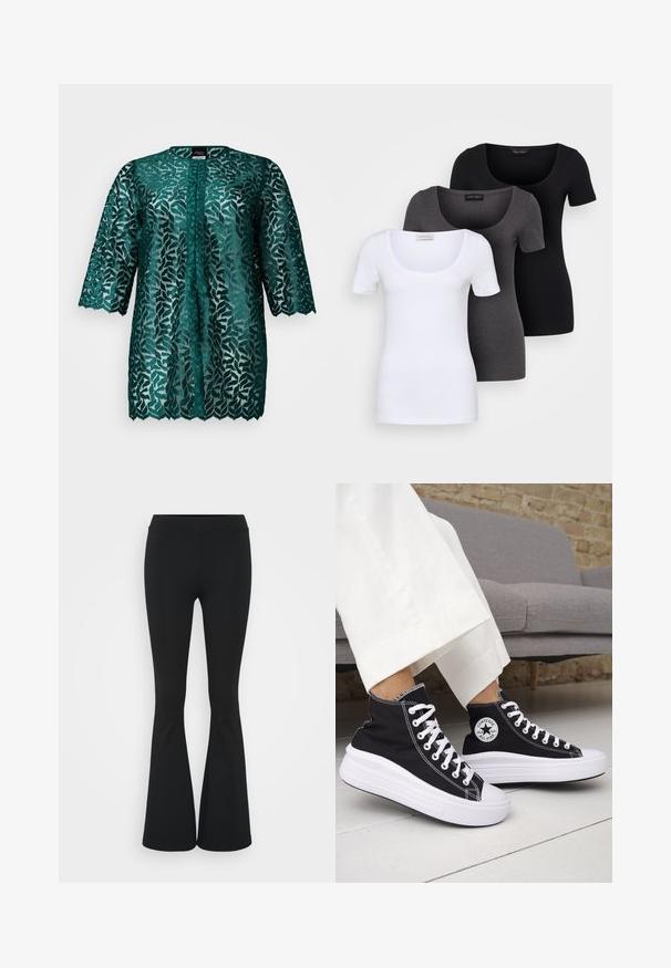 Teal spetsblus med bladmönster, rund halsringning och trekvartsärmar. Halvgenomskinligt tyg med scallopad nederkant och knäppning.; Tre åtsittande T-shirts i vitt, grått och svart. Var och en har en bred rundad halsringning och korta ärmar. Tillverkade av mjukt, stretcht tyg.; Svarta utsvängda byxor i elastiskt tyg med hög midja och en mjuk textur. Byxorna vidgar sig från knäet.; Svarta höga sneakers med vita gummisulor och snören. Har en rund logotypmärke och kontrasterande vita sömmar. Tillverkade av canvasmaterial.