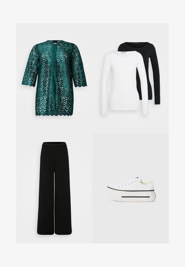 Blusa em renda azul-turquesa com padrão de folhas, decote redondo e mangas três quartos. Tecido semi-transparente com bainha recortada e fecho de botão.; Duas blusas de manga longa femininas, uma branca e uma preta, com decotes redondos, apresentadas de frente sobre um fundo claro liso.; Calças largas pretas feitas de tecido texturizado, apresentando dois grandes botões na cintura e pregas acentuadas na frente.; Sapatilhas de lona brancas com sola de borracha preta, bico redondo e ilhoses em metal, apresentando um design simples e limpo.